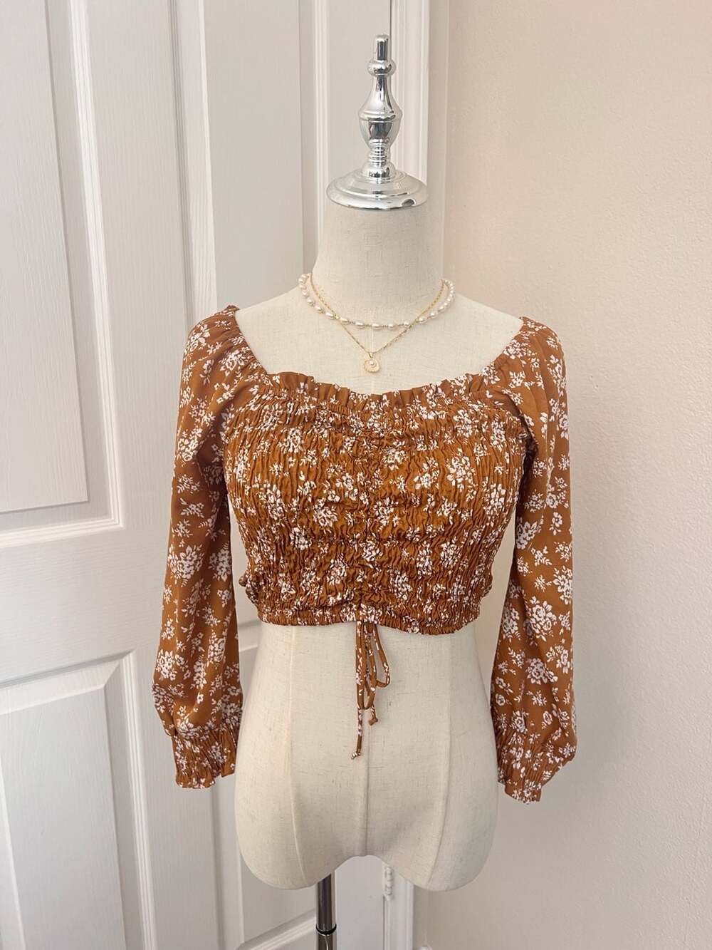 Speed Limit MPH Brown Floral Smocked Long Sleeve Crop Top